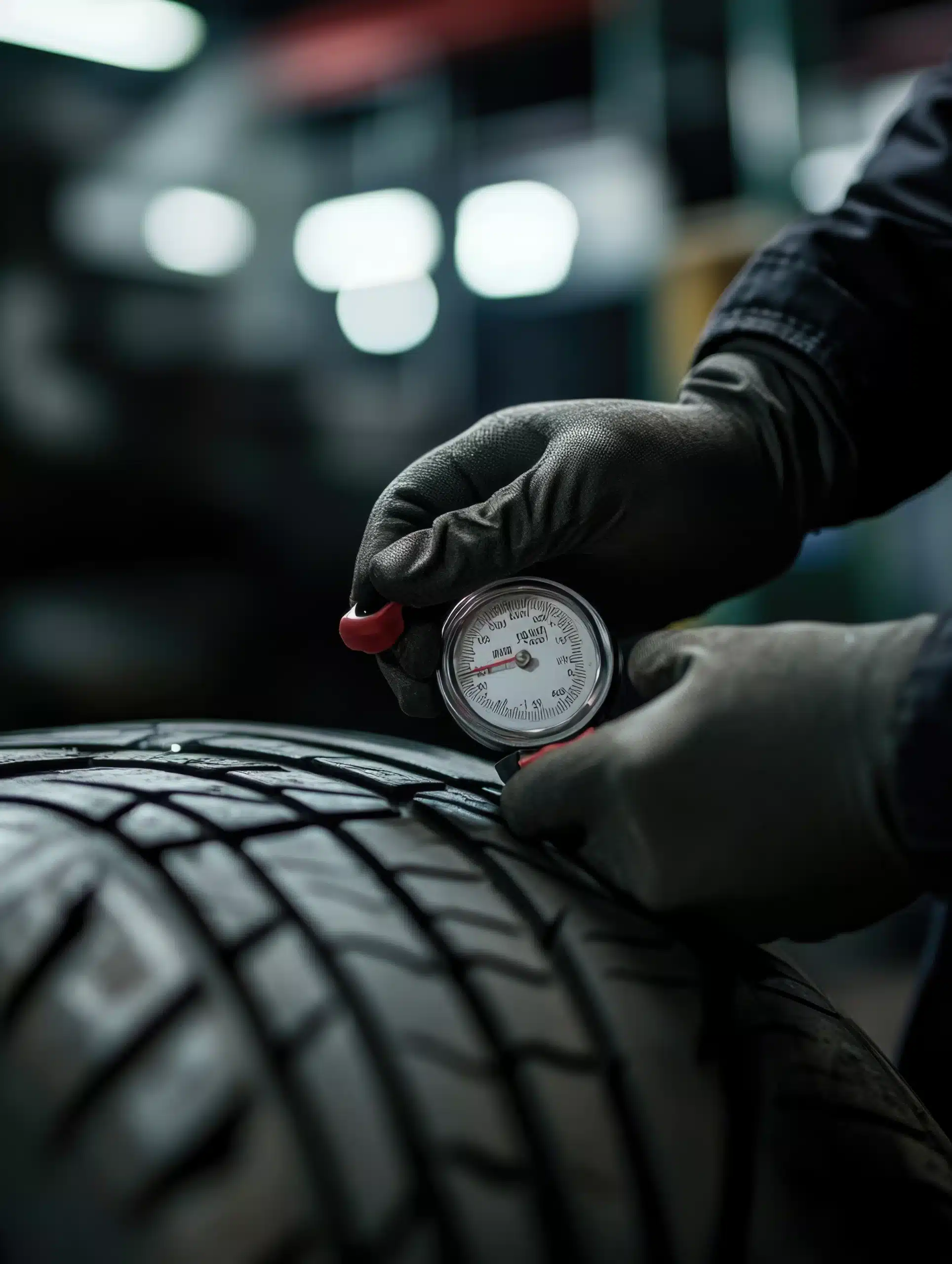 Pneu de carro sendo calibrado em posto de manutenção automotiva com manômetro.